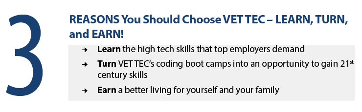 3 Reasons you should choose Vet Tec -Learn, Turn, and Earn!  Learn the high tech skills that top employers demand.  Turn Vet Tec's coding boot camps into an opportunity to gain 21st century skills.  Earn a better living for yourself and your family.